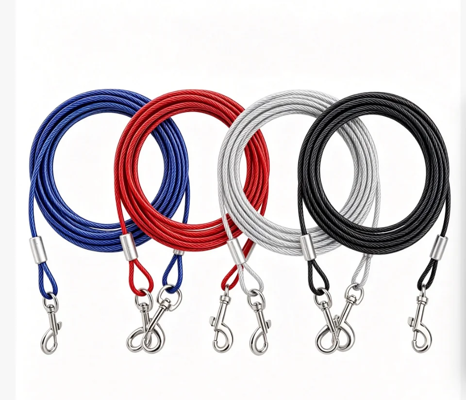High Quality 5mm*3m Lengthen Steel Wire Dogs Rope Chain Durable Double-end Dogs Leash Cable Dual Heads Metal Hooks dog walking