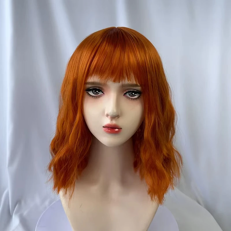 Short wavy curly orange synthetic wig for Halloween party cosplay role-playing. Daily wig. High-temperature hair accessory.