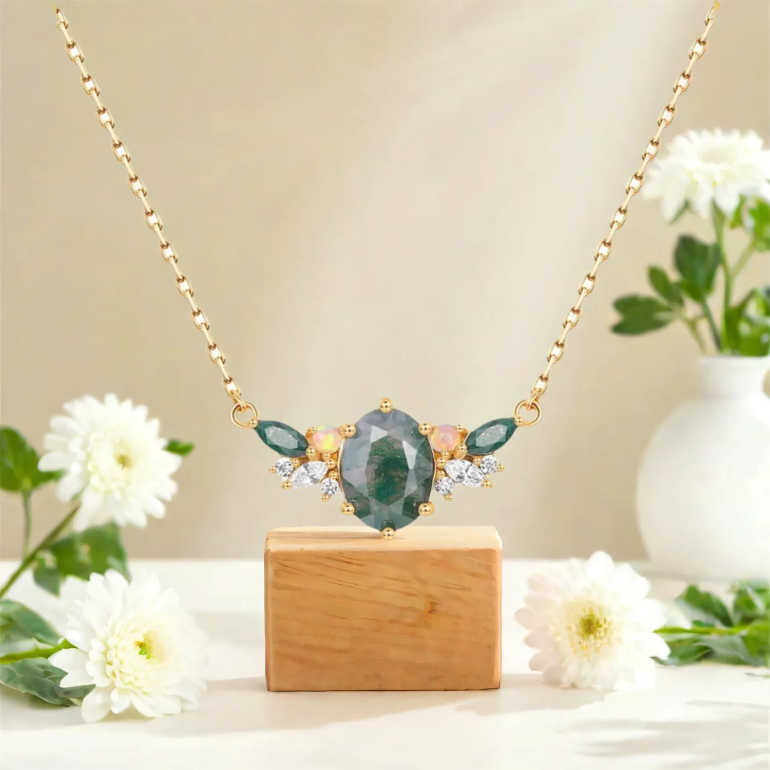 

Elegant Moss Agate Necklace 925 Silver for Ladies Oval Cut Natural Gemstone Gold Plating Necklace for Wedding
