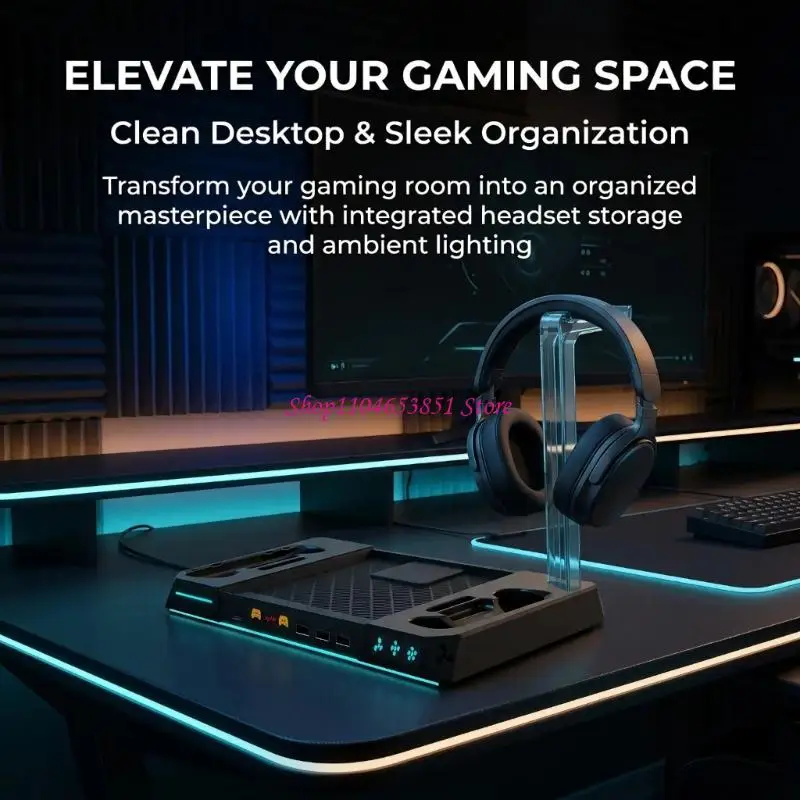 Multicolor Gaming System Dock with Two-Controller Charging for Steam Machine, Integrated Headphone Rack, Dedicated Device Bay,