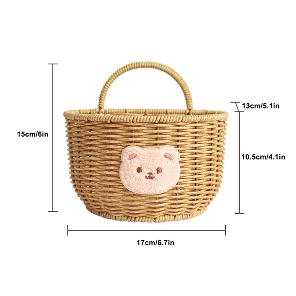 Cartoon Bear Woven Imitation Rattan Plastic Storage Basket Hangable Kitchen Bathroom Bedroom Small Objects Storage Basket