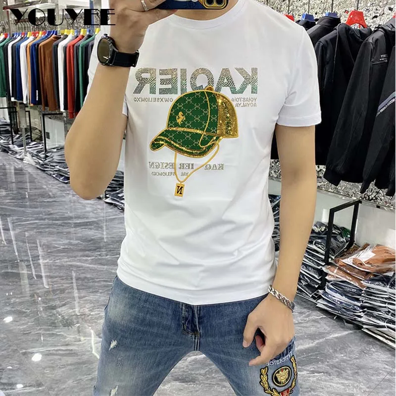 

Men's Trendy T-shirt Rhinestone Hat Design Casual StreetWear Daily Fashion Male Tees New Summer Mercerized Cotton Tops Clothing
