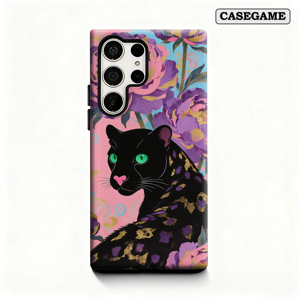 Casegame Phone Case for Samsung Galaxy S25 S26 Ultra S24 S23 Ultra Plus Shockproof Double Layer Black Panther Floral Cover