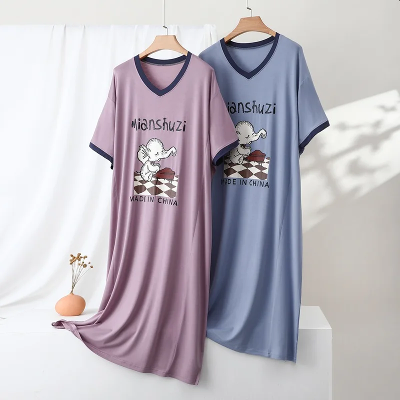 

Women's Cute Elephant Print Nightgown - Summer Thin Modal Sleep Dress, Plus Size Cool & Comfortable Pajamas