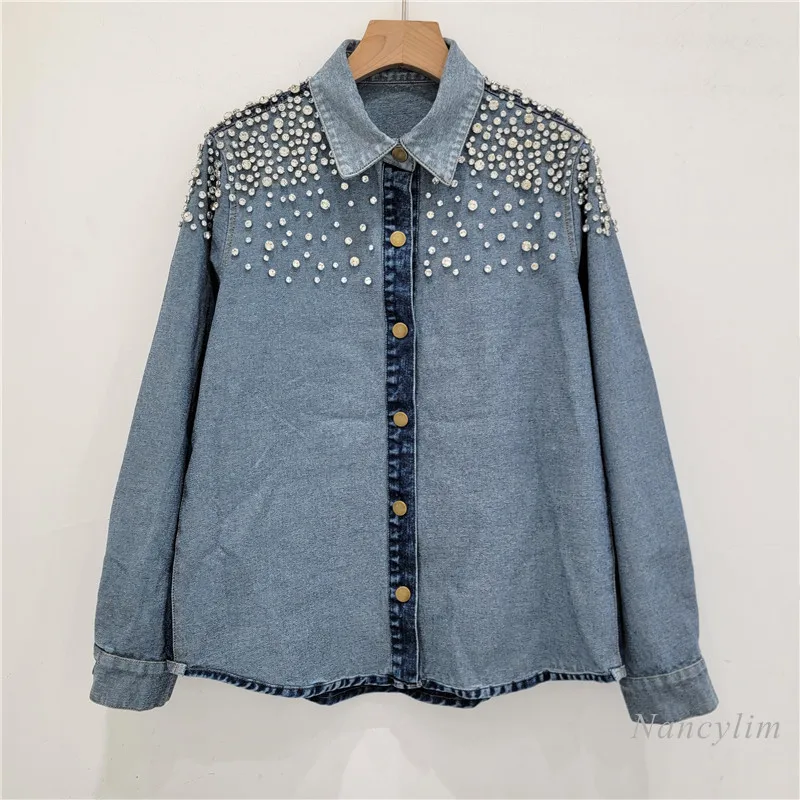 

2024 Autumn Denim Shirt Women's New Heavy Industry High-Grade Diamond Blue Denim Short Coat Street Design Sense Niche Top