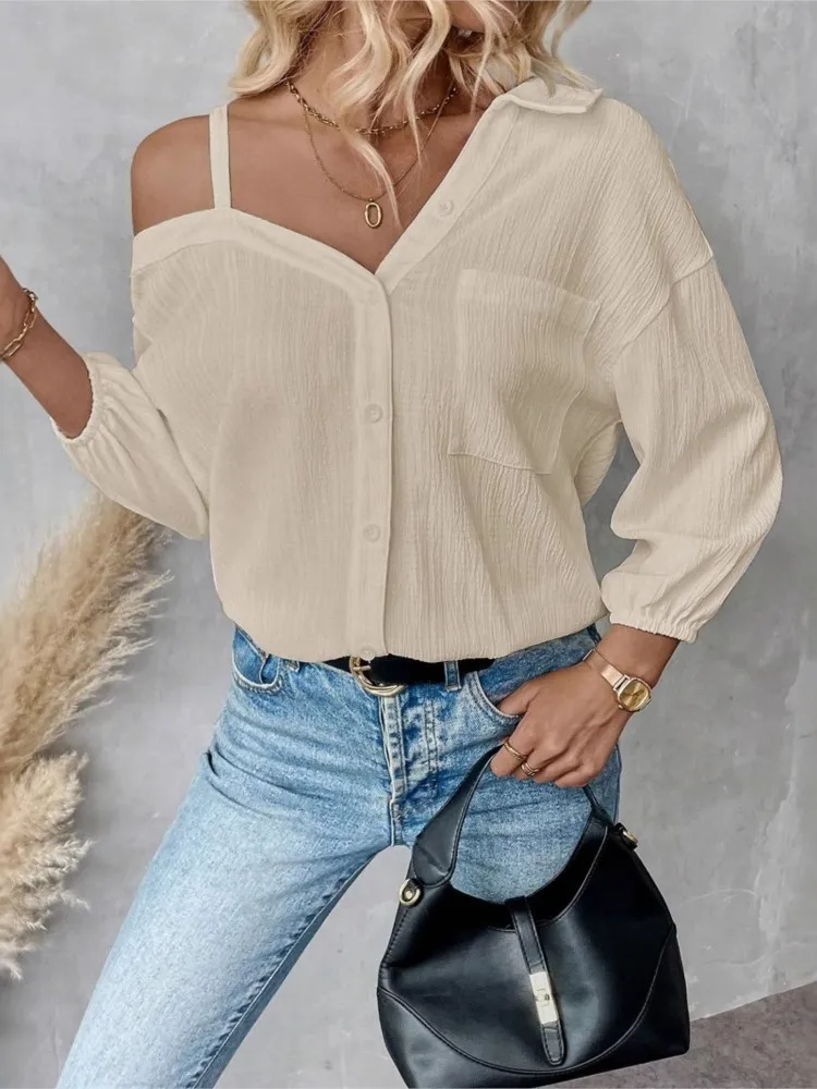 Women Solid Shirt Sexy V Neck Off Shoulder White Shirts Tops Lady Fashion Pockets Button Office Top Womens Clothing Summer New