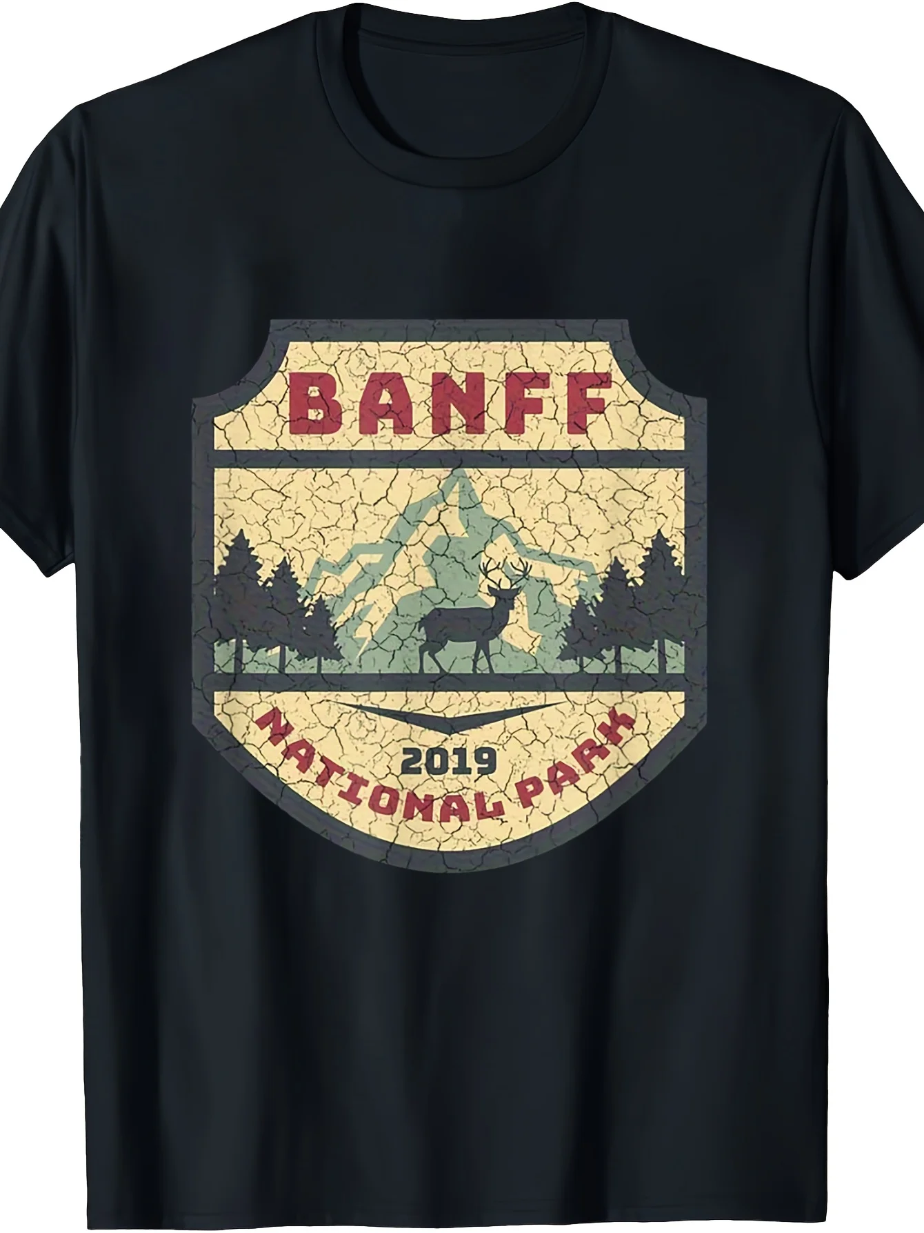 A Vintage Banff National Park Commemorative Camping And Hiking T-Shirt, Men'S Black, Round-Neck Print, Casual Sportswear, Suitab