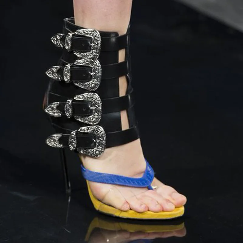 European And American Foreign Trade Women Belt Buckle Back Zipper Fashion Show Boots High Heels Herringbone Angle Sandals