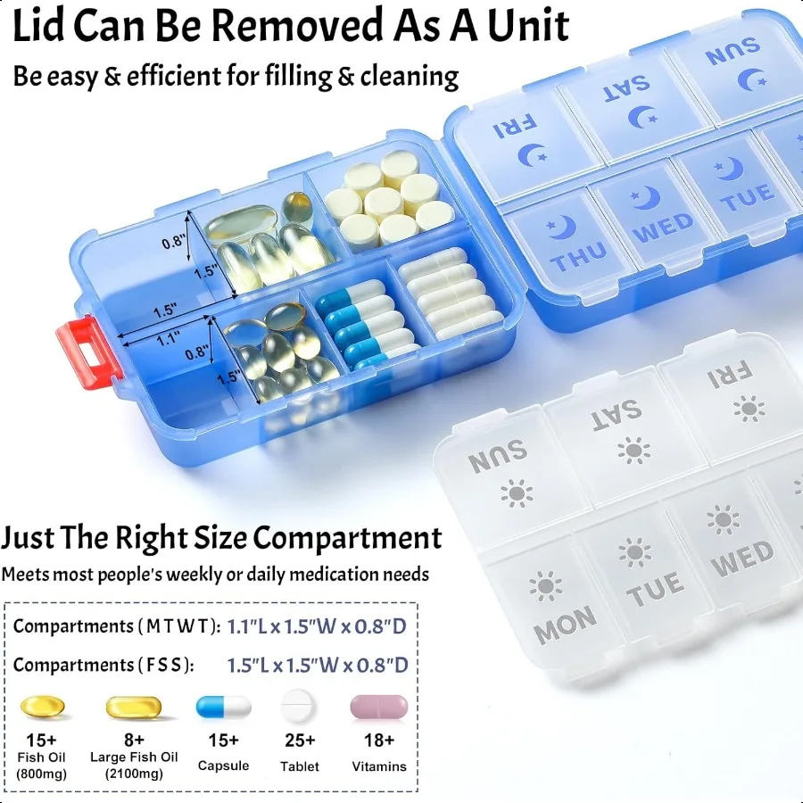 New Foldable Double Protection Portable Weekly Pill Organizer 2 Times A Day with Etched Labels AM PM 7 Day Week Medicine Box Da