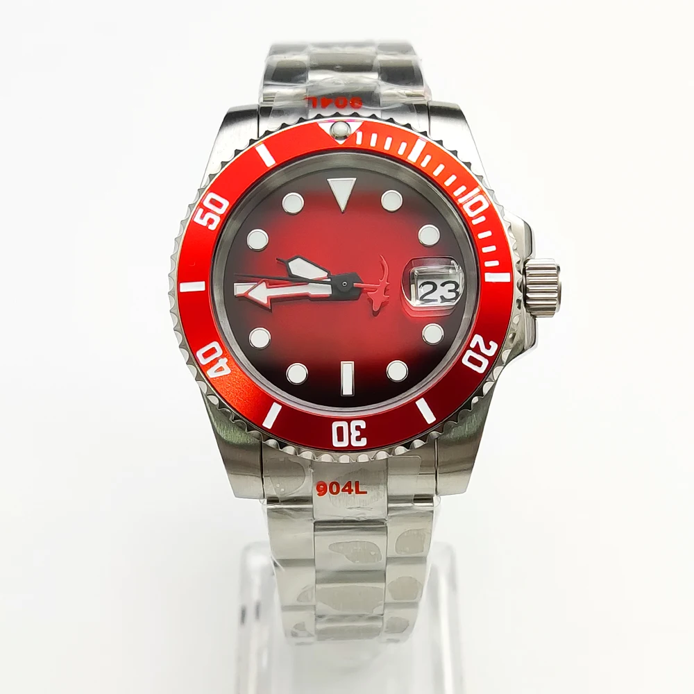 Imagem -02 - Gradiente Vermelho Dial Luminoso Vestido Automático Safira Mecânica 40 mm Nenhum Logotipo Nh35 Relógio Masculino Automático