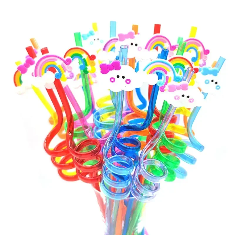 

8pcs 26cm Rainbow Bend Straw Reusable Kids Birthday Party Decor Supplies Cartoon Rainbow Plastic Cocktail Spiral Drinking Straws