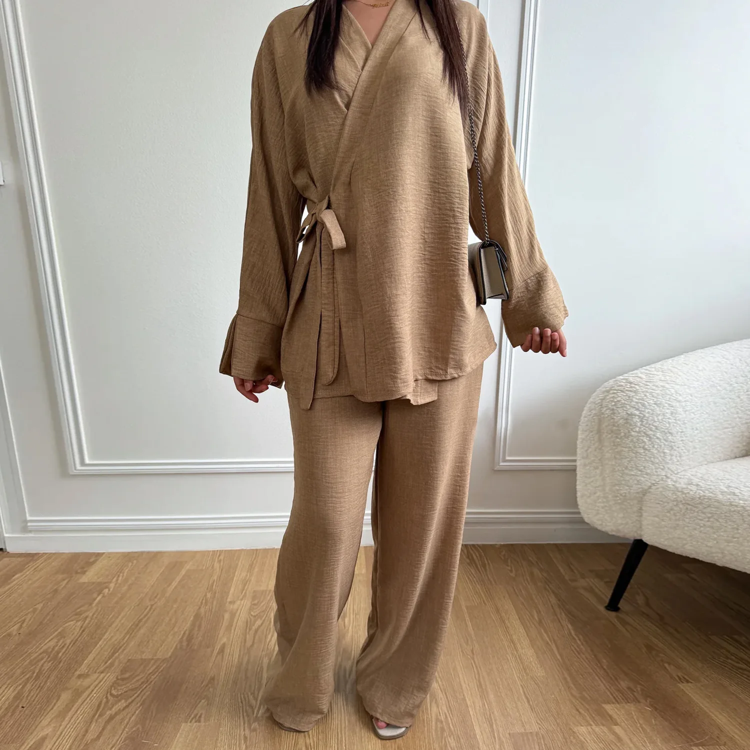 Donne Musulmane Set di Corrispondenza Islam Abbigliamento Abiti Camicetta Pantaloni Vestito Kimono Lace Up Top Pantaloni Dubai Femme Musulmane Ensembles