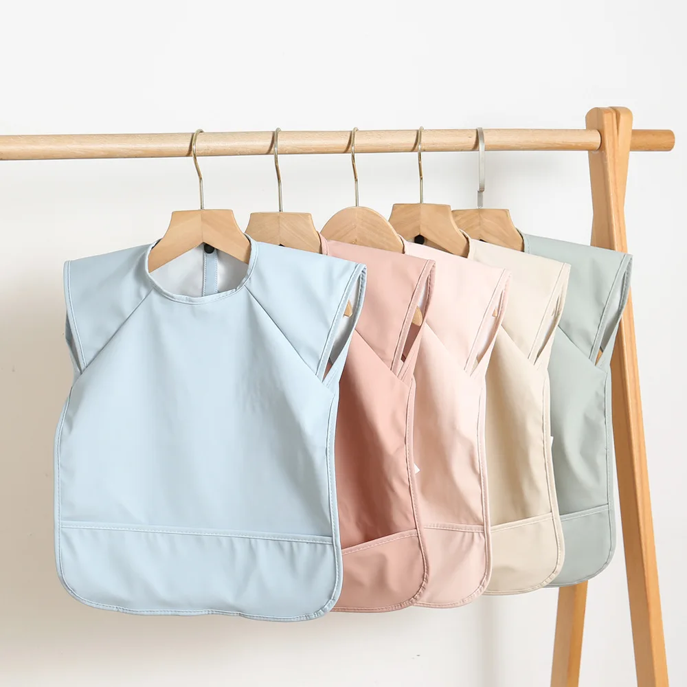 Baby Bibs with Storage Bag PU waterproof Infant Solid Color Smock Children No-sleeved Apron for Boys Girls Baby Feeding Stuff