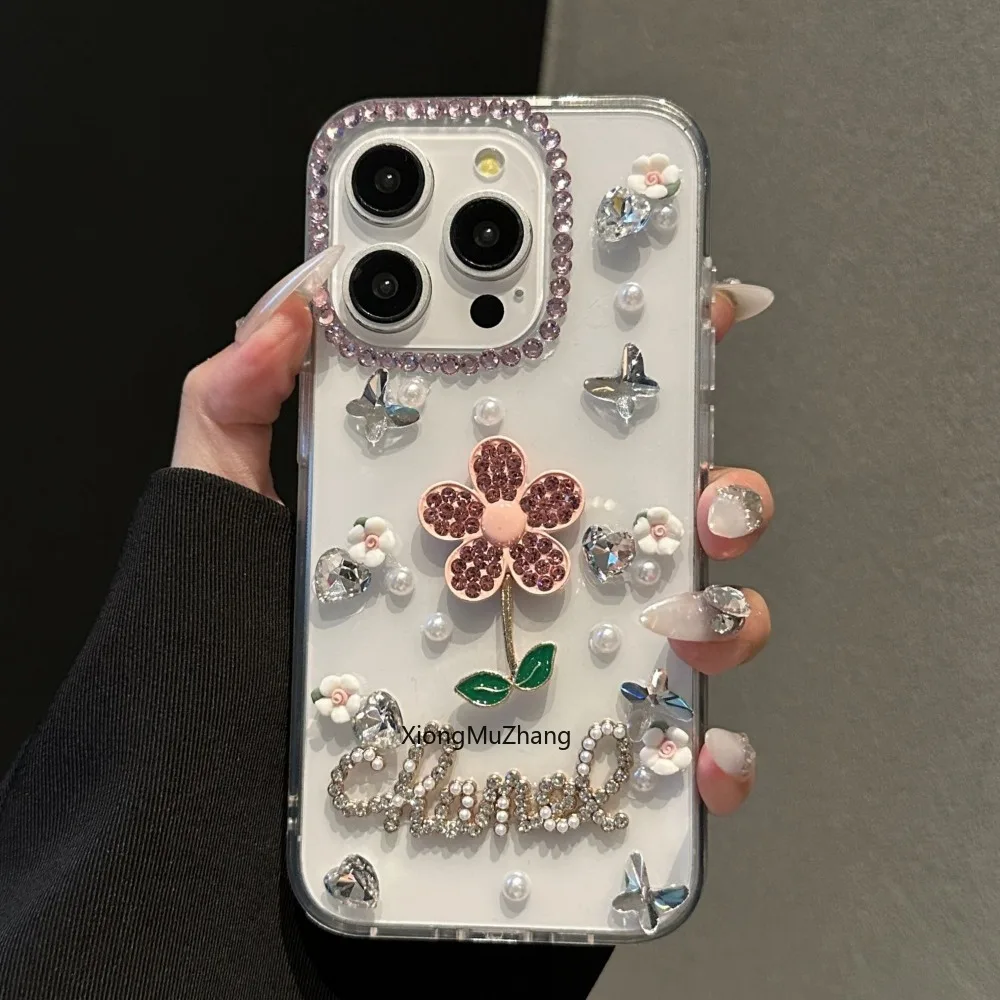 Transparent Rhinestone Three-dimensional Flower Back Cover for IPhone 13 Pro Max 15Pro Max 14 12 Pro 11 Diamond Girl Custom Case