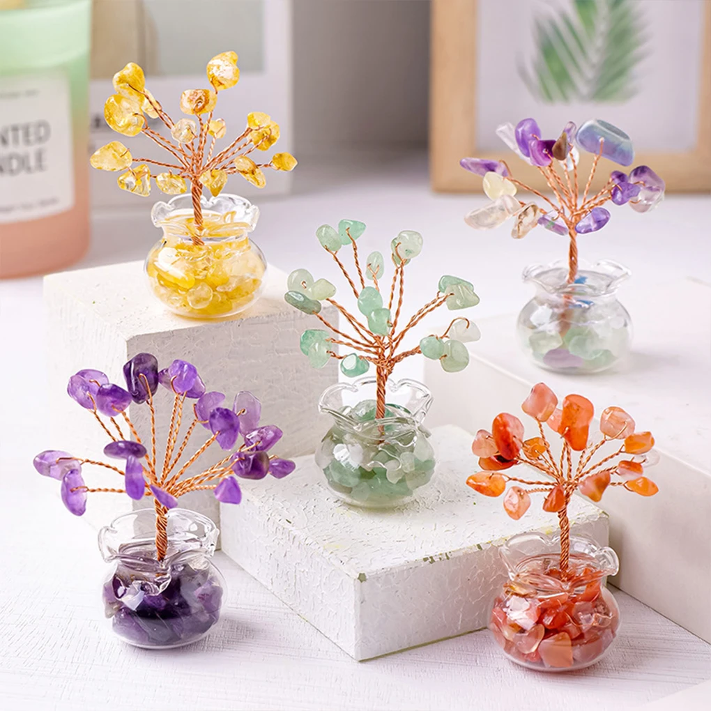 Natural Crystal Macadam DIY Small Tree Reiki Healing Feng Shui Crystal Trees Artificial Bonsai Tabletop Ornament Decoration