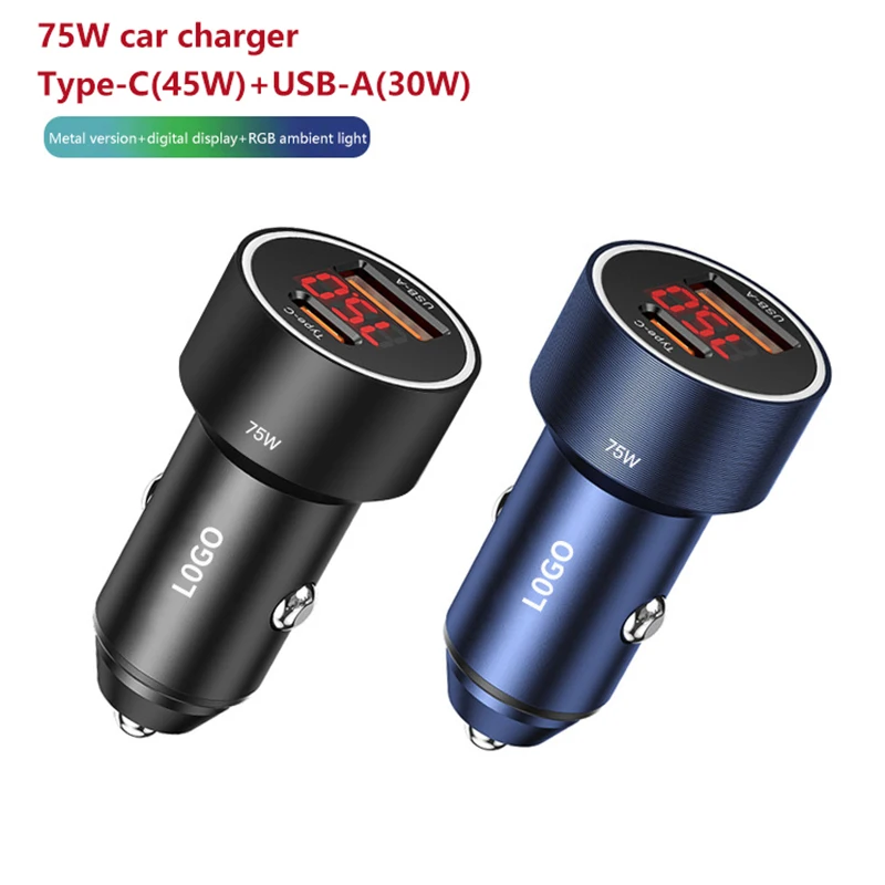 

75W USB C General Car Charger Quick Charge 4.0 PD3.0 SCP Fast Car Digital Display Phone Charger