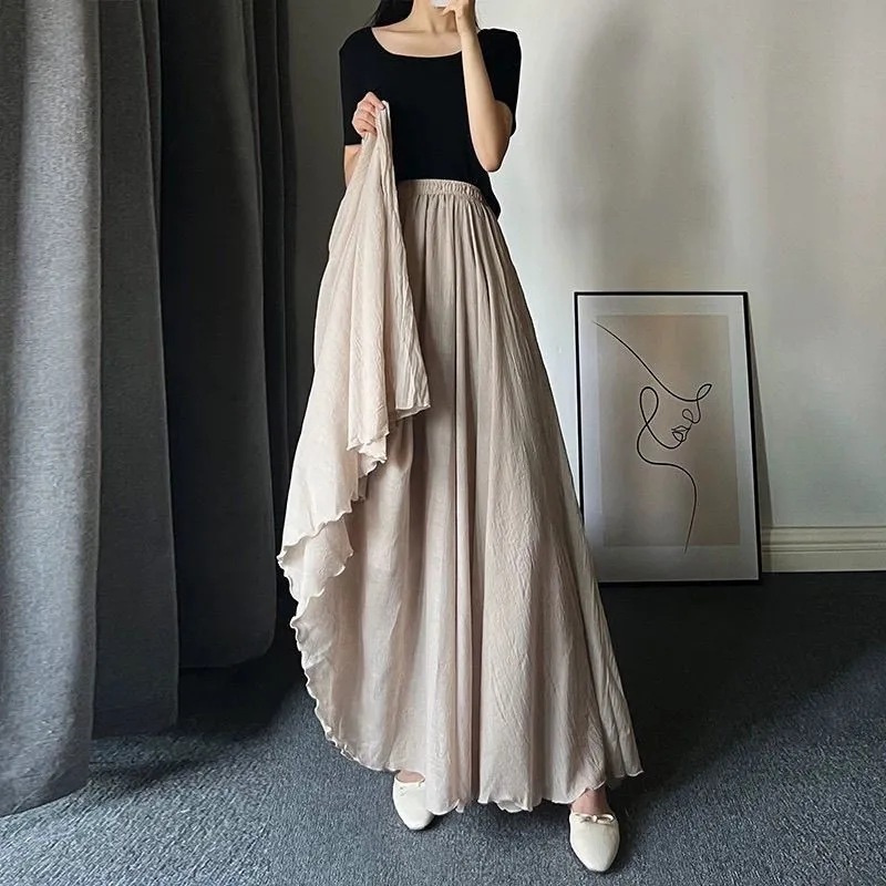 Double Layered Skirt High Waist Ankle Length Women A-line Skirt Vintage New Summer Style Elegant Simple Solid Color Women Skirt