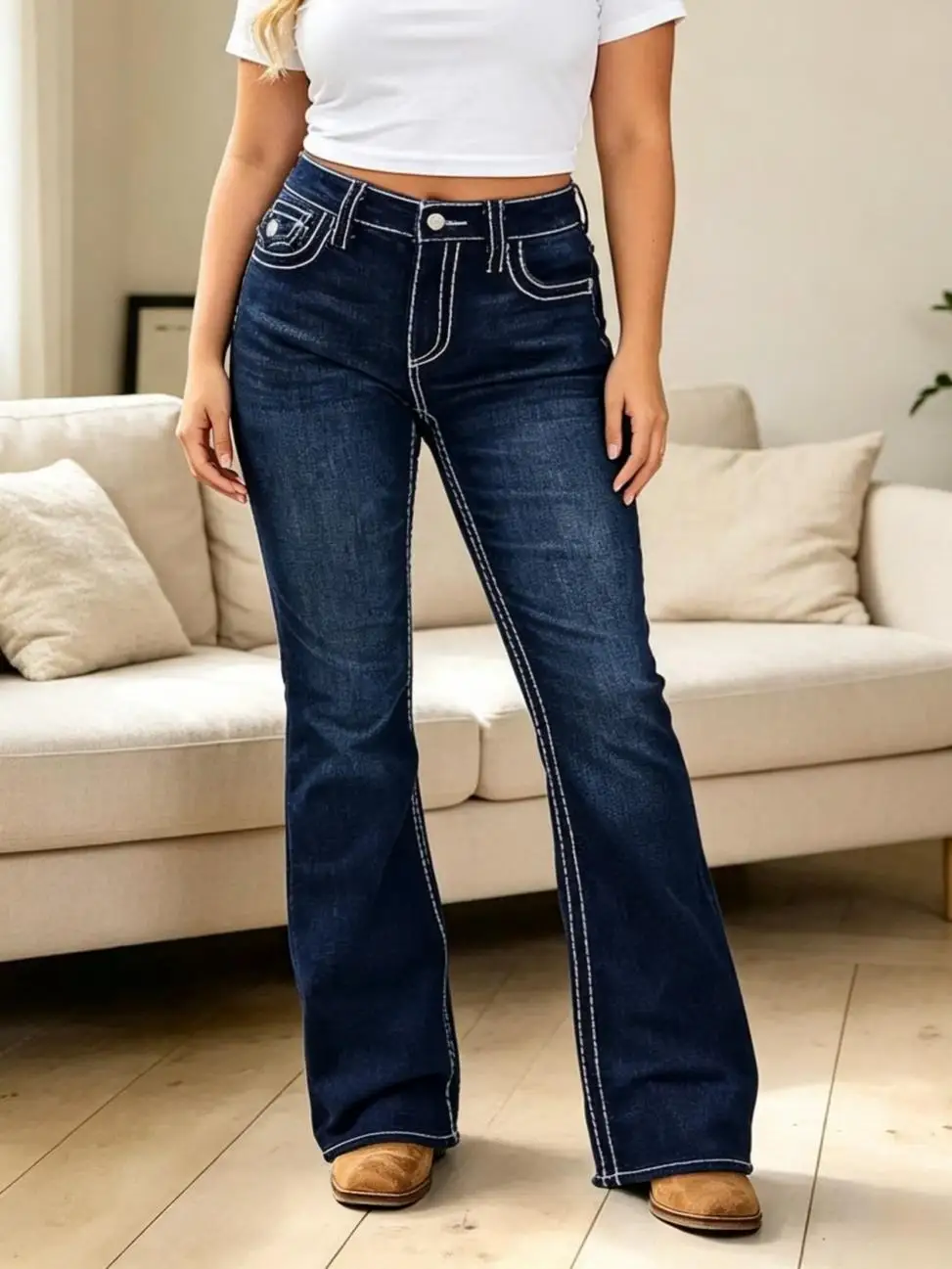 【HME】Jeans | Dark Indigo Stretch Denim Pants For Women, Retro Bootcut Flare Denim Jeans With Iconic Flap Pockets & Decorative Stitching, Classic Western Vibe, Versatile Figure-Flattering Pants For Commute And Leisure Time