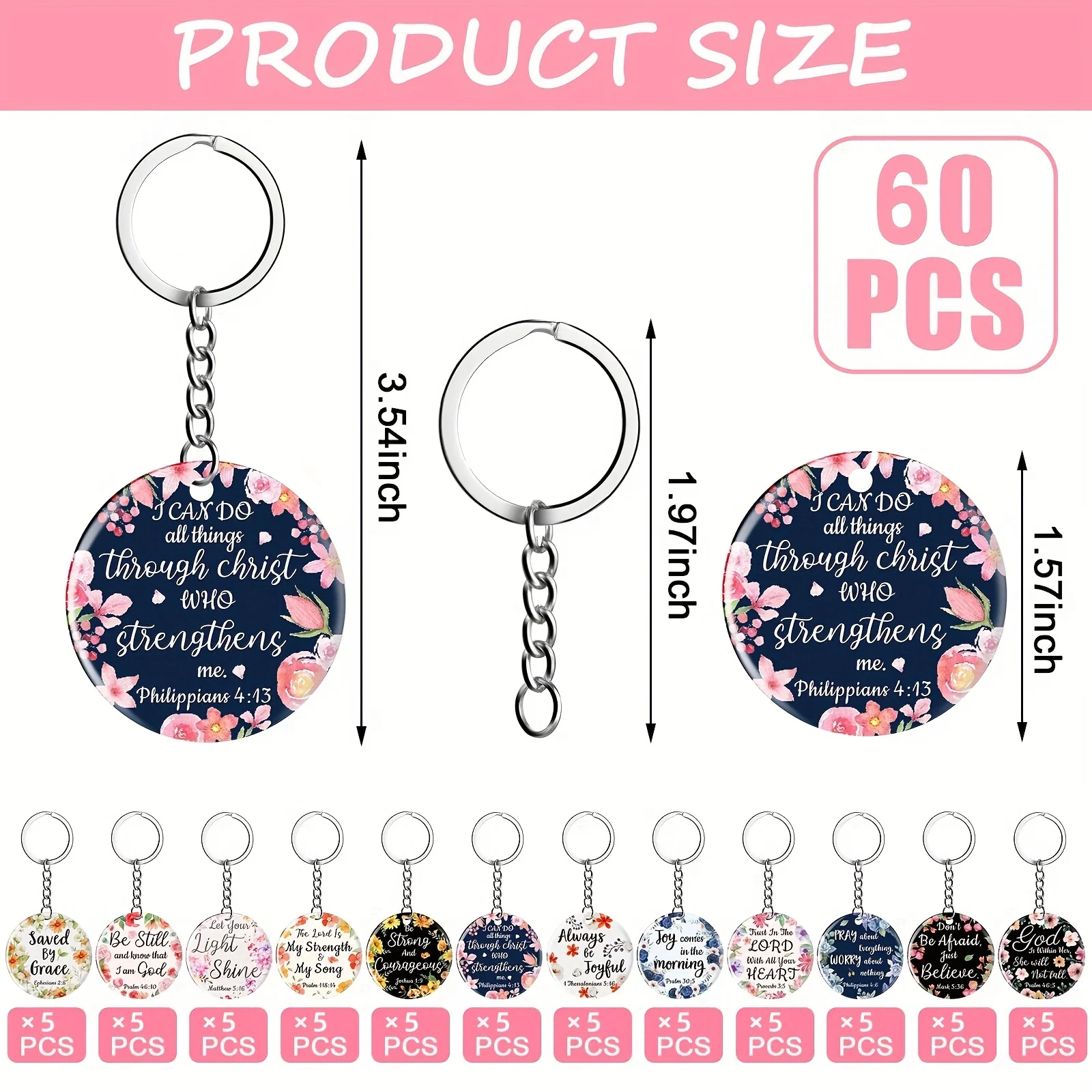 [2D Flat] [2D Flat] Set of 60 Acrylic Keychains Featuring Floral Designs And Bible Verses, Perfect As Religious Gifts for Both Men And Women