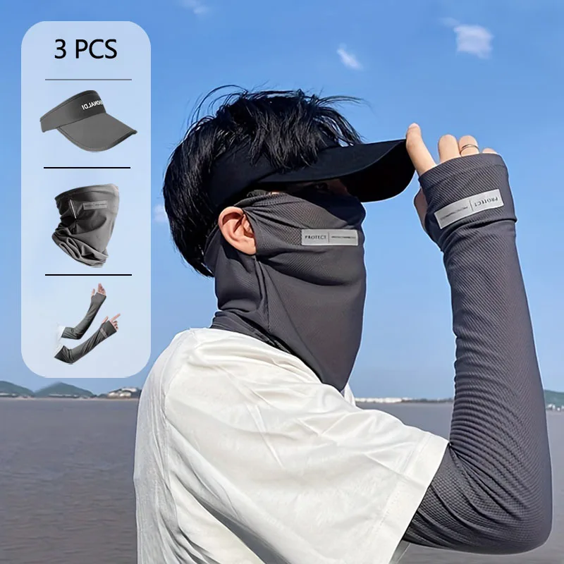 3Pcs Summer Sunscreen Mask Cover Arm Sleeves and Hat Set Cooling Ice Silk Uv Protection Long Gloves Balaclava Mask Outdoor Sport