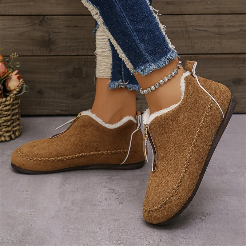 Snow Boots Women Women'S Fashionable Zippered Low Top Velvet Warm Flat Soled Round Toe Cotton Shoes Winter Weather Boots Women