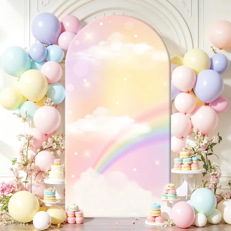 Rainbow Cloud Pink Theme Arch Backdrop Covers Customizable Design Arch Background Cloth For Children Birthday Party Events