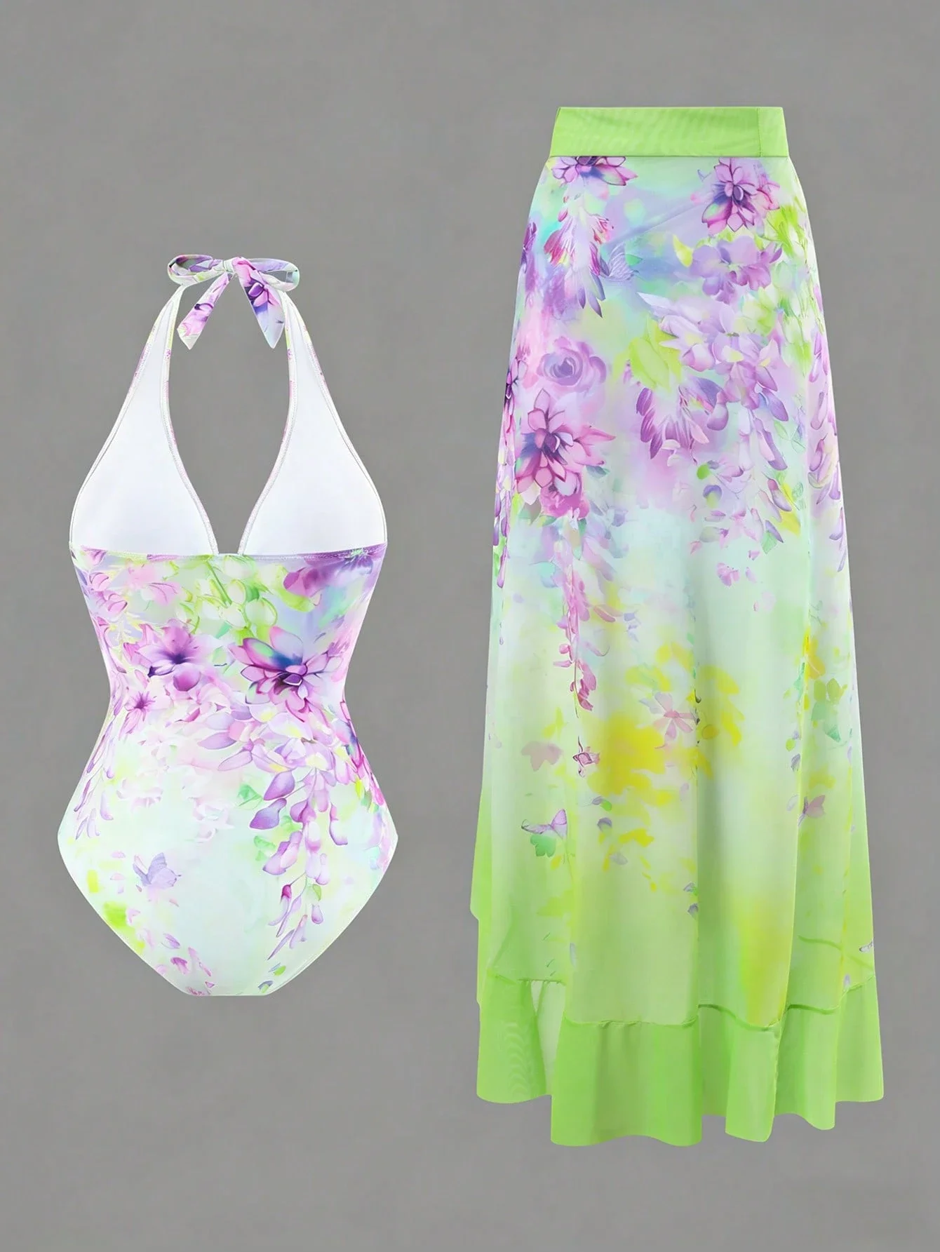 

Женский слитный купальник с V-образным вырезом и цветочным принтом, с сетчатой юбкой-накидкой