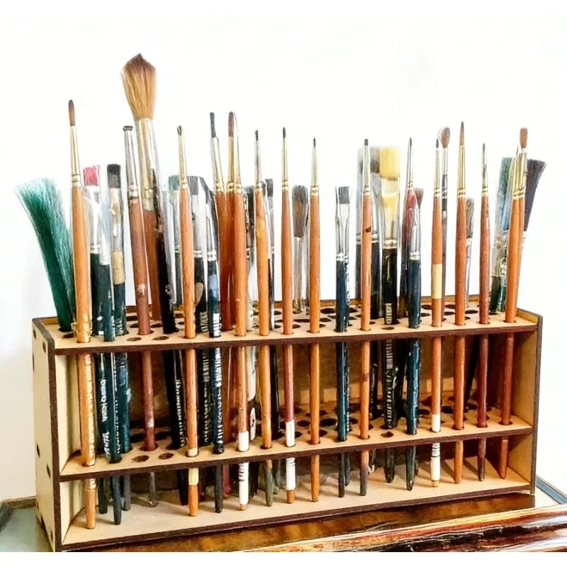 High Quality Wooden Brush Stand Double Layer Large Capacity Desk Organizer Artist Pencil Paintbrush Storage Holder