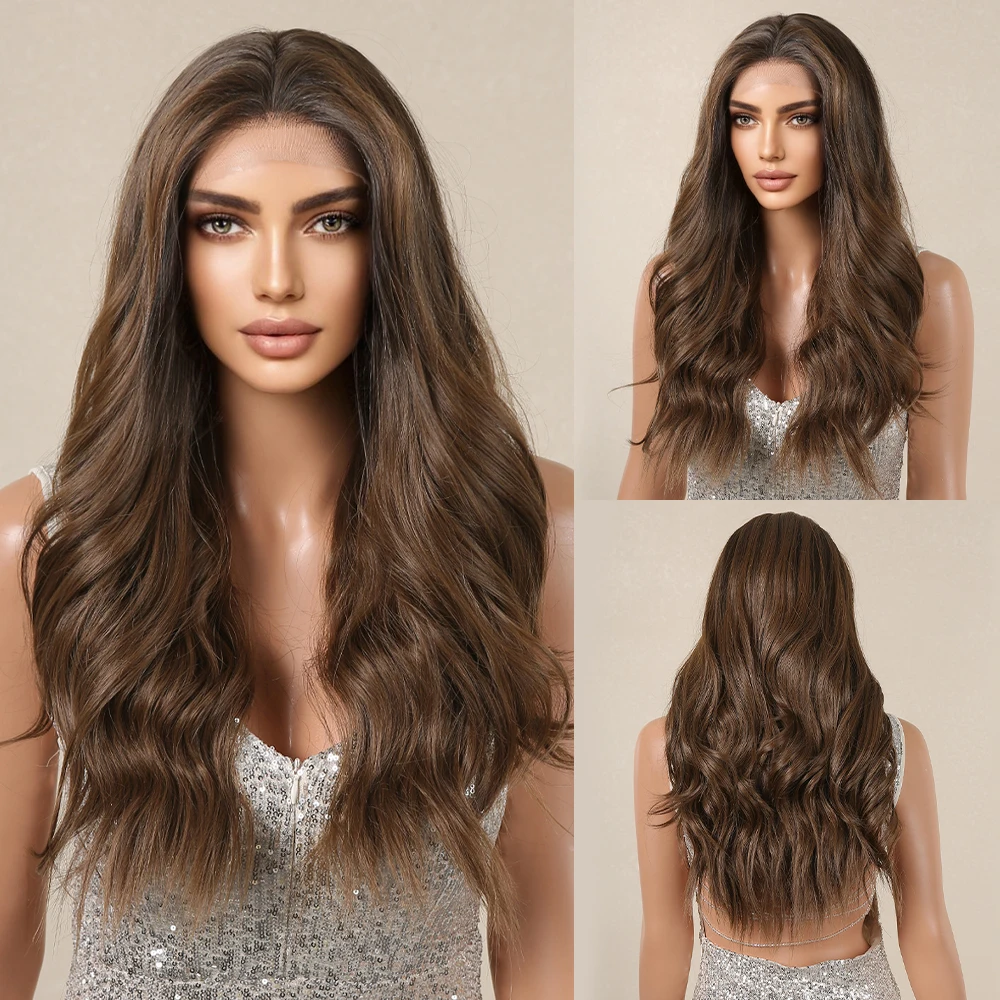 13*6 Brown Lace Frontal Synthetic Wigs for Women Long Wavy Brown Wig Natural Hairline Pre-Plucked Free Part Heat Resistant Wig