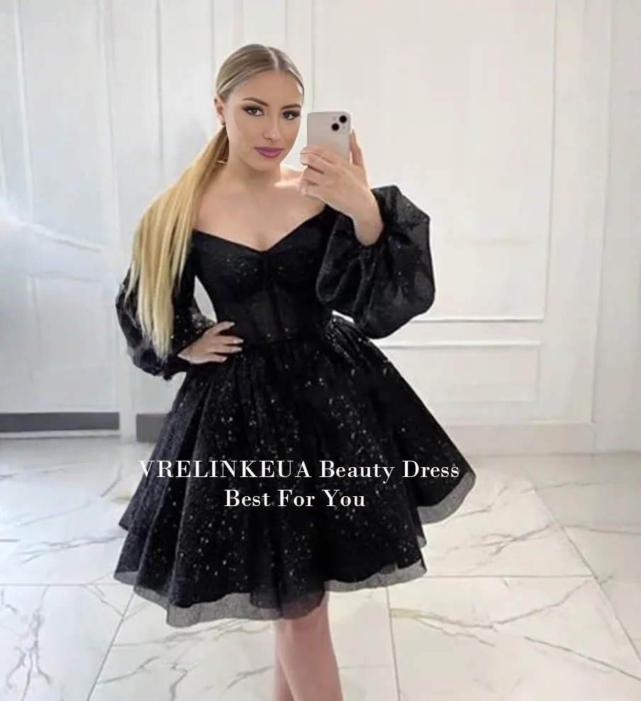 Customized Glitter Long Puffy Sleeves Mini Graduation Dress A Line Pleat Short Homecoming Dresse Teens Customized Sweet 15 16
