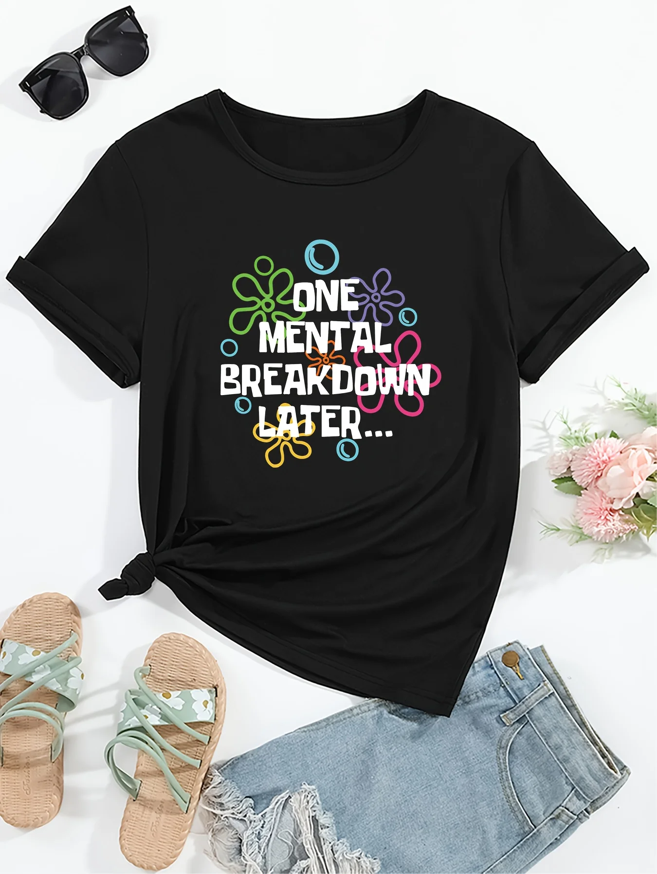

Женская повседневная футболка с круглым вырезом и коротким рукавом «One Mental Breakdown Later» Эстетическая одежда