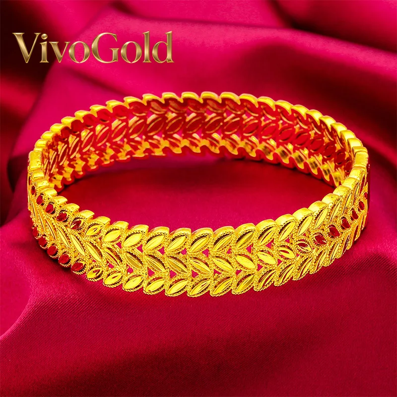 

VivoGold24K gold wide-edged snap bracelet | AU999 full gold, three-dimensional leaf vein texture is lifelike