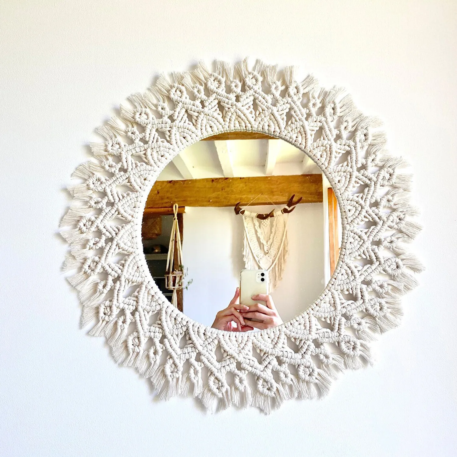 Bohemian Woven Tapestry Cosmetic Mirror Wall Mounted Decor Mirror for Living Room Bedroom Homestay Entrance