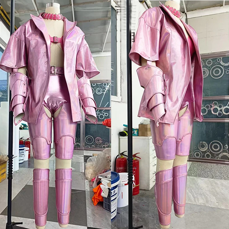 

New Women Pink Laser Jazz Dance Outfits Sexy Gogo Dance Costumes Pole Dance Sets Bar Nightclub Ds Dj Party Stage Rave Wear Set