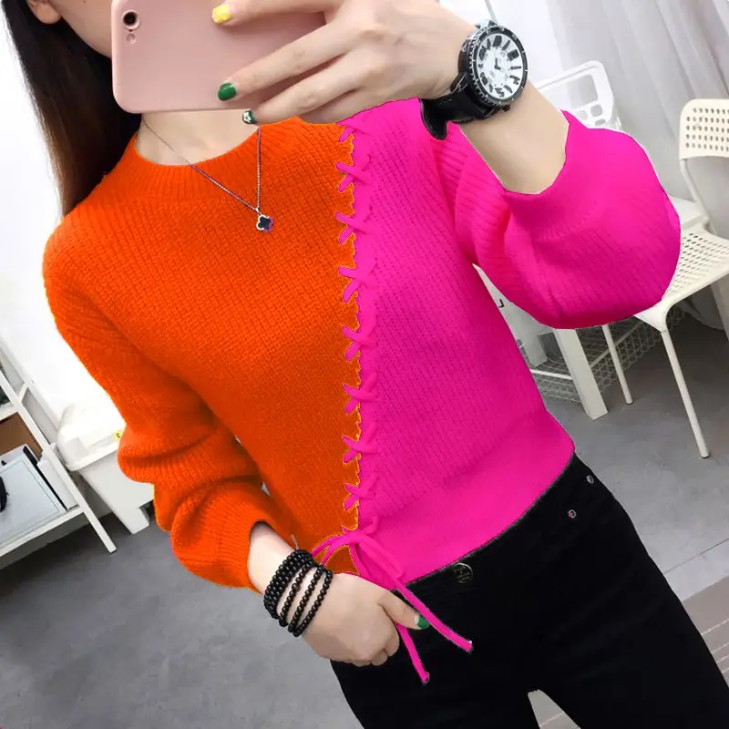 Autumn Winter Women Sweaters Pullover New Korean Long Sleeve Lace Up Spliced Round Neck Contrast Color Knit Sweaters Female Tops