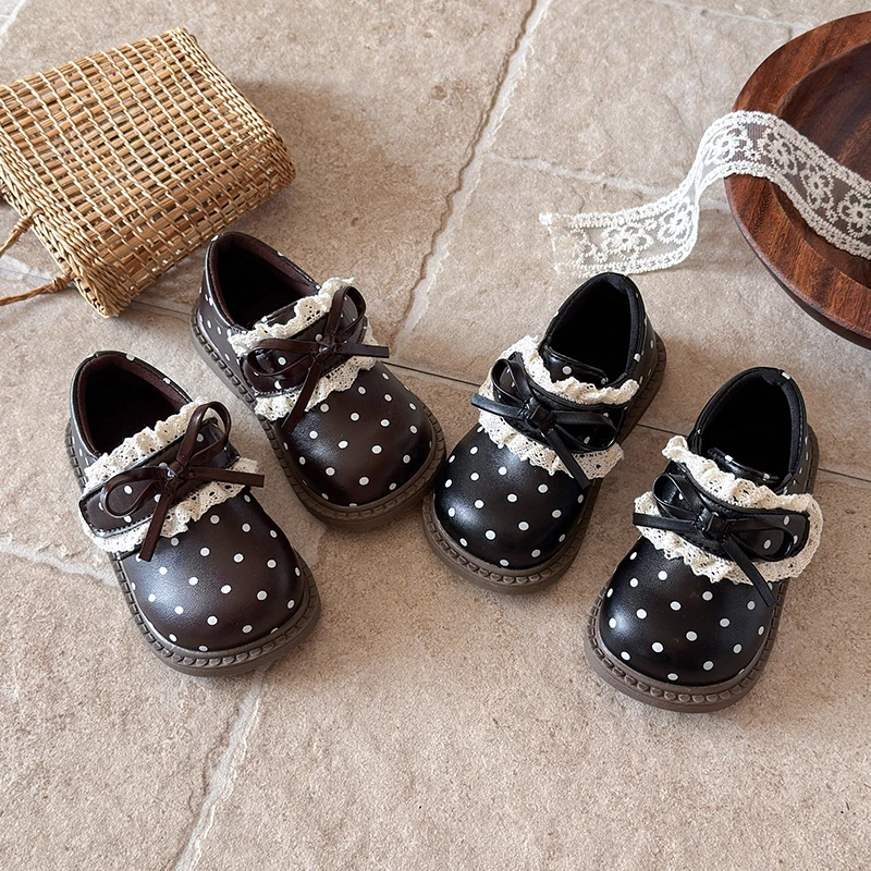 Girls Polka Dot Mary Jane Shoes with Lace Butterfly Bowknot Fashionable Retro Children's Shoes New Lace Precious Kid's Shoes