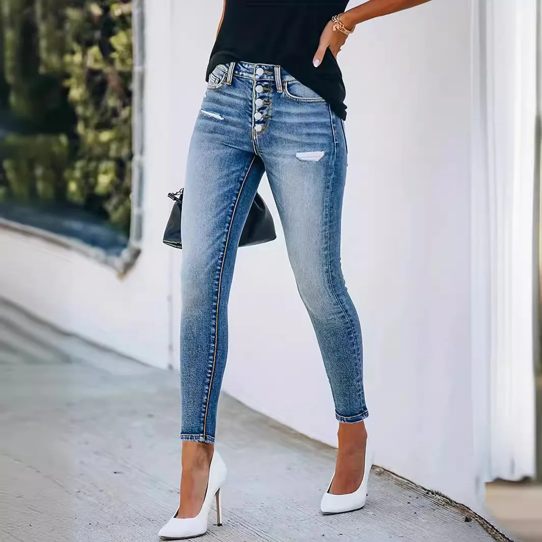 

Ribbed Broken Jeans Calf Pants Fashion Pencil Pants Hand-worn Casual Street Hipster