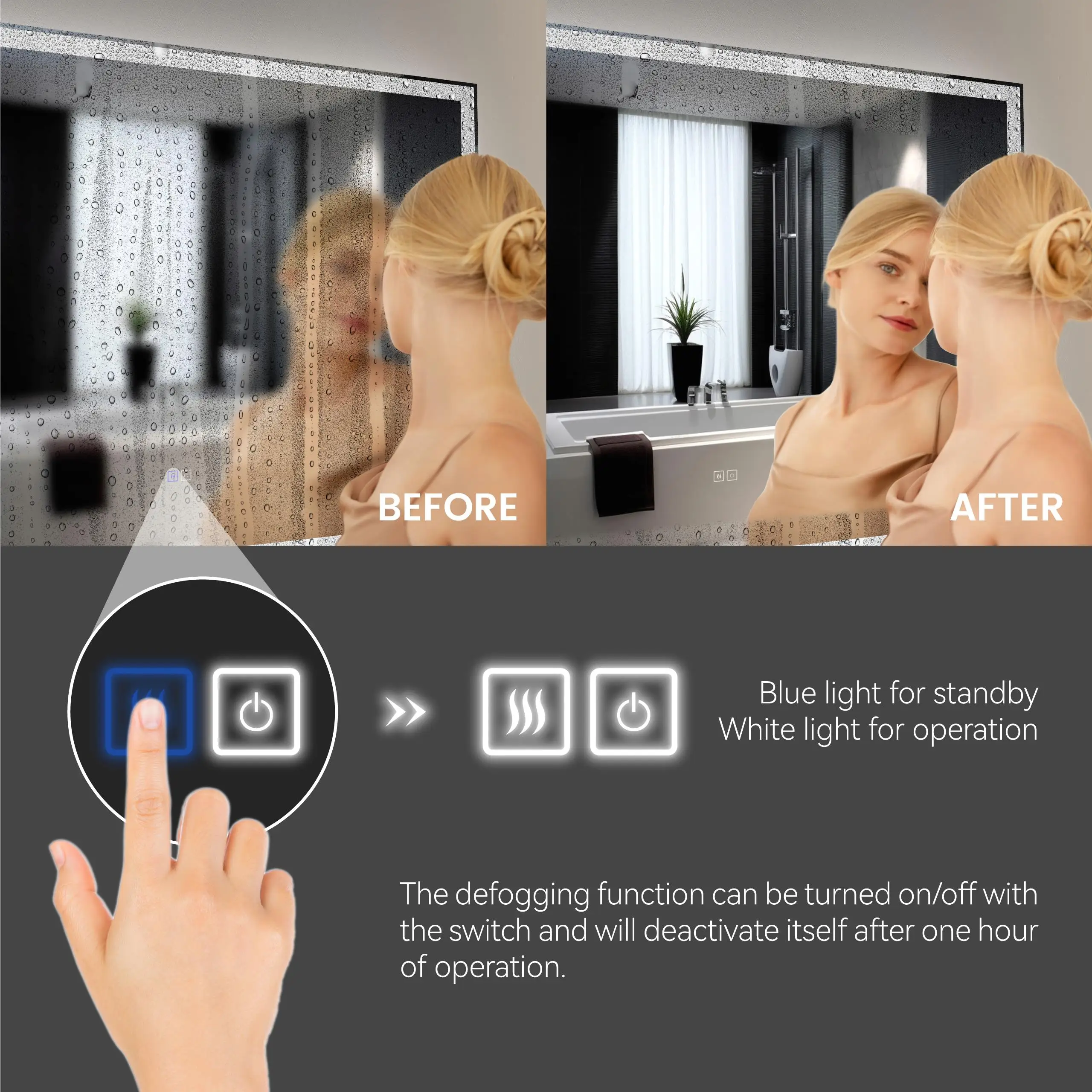 72x48 Modern Smart Bathroom Mirror - Front & Back Lit, 3 Color Options, Anti-Fog, Memory Function, Control