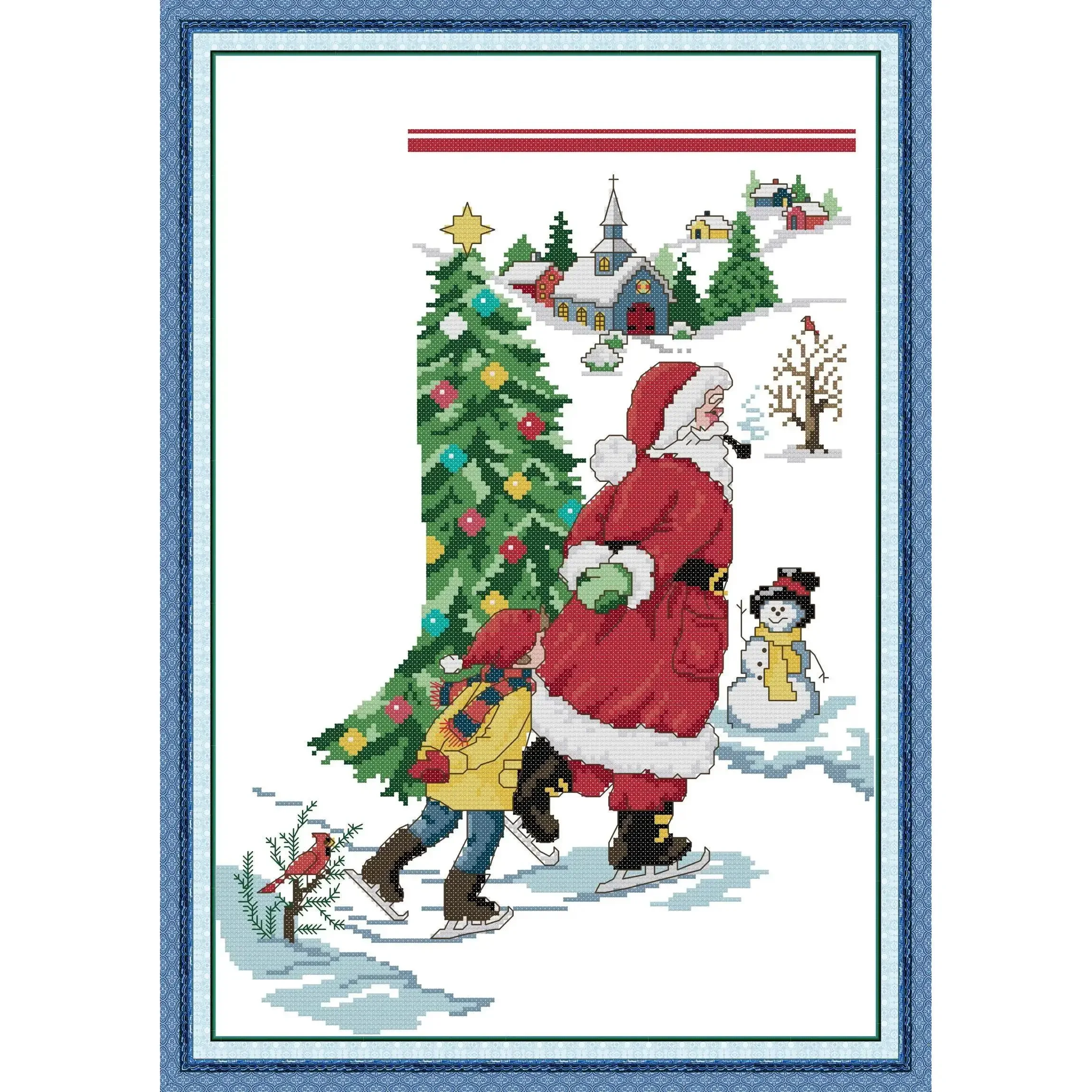 Joy Sunday-News Printedd Cross Stitch Kit,, DIY Easy Pattern, Aida 14, 11CT, Stamped Fabric Embroidery Set, Ice-Skating Santa Cl