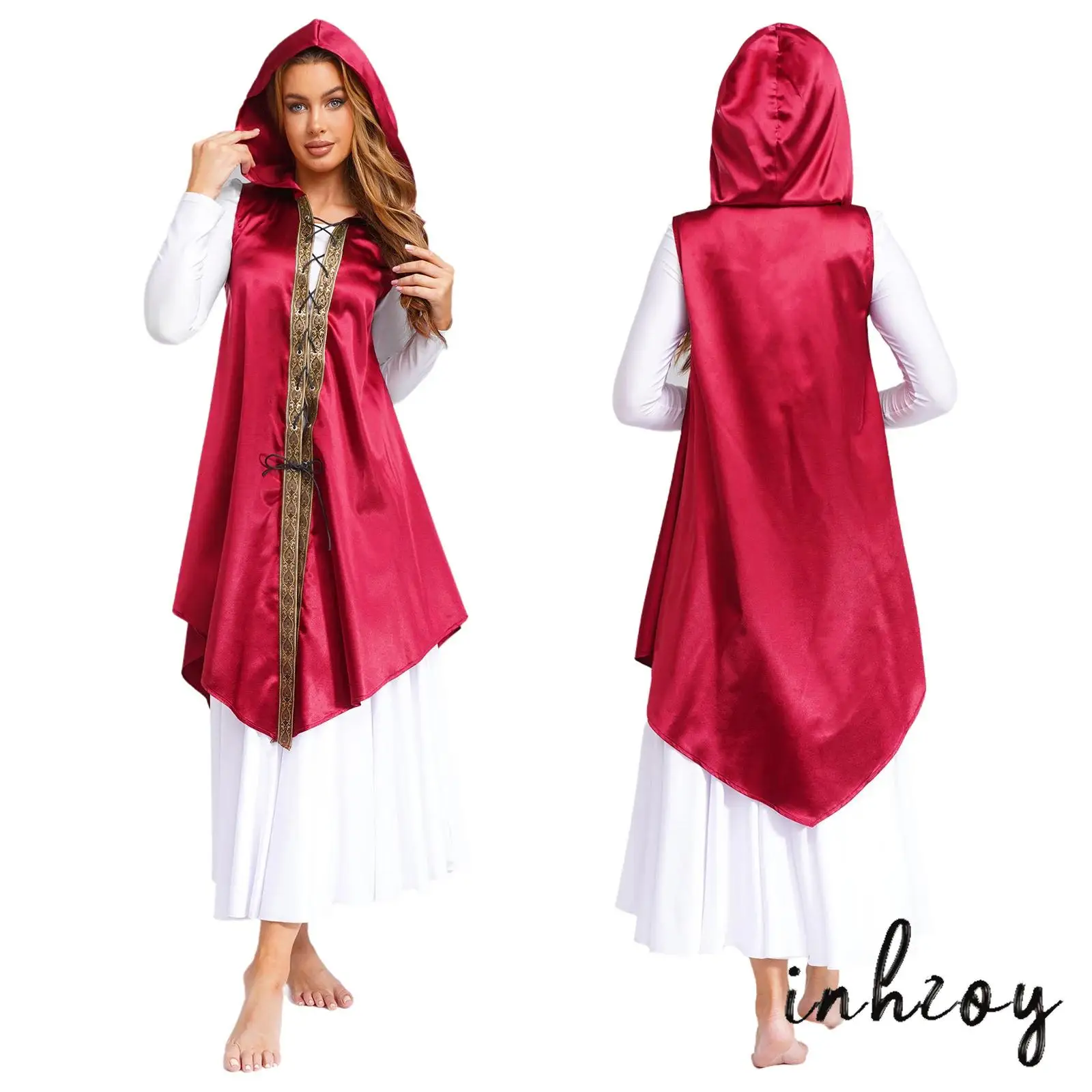 

Womens Mens Unisex Medieval Hooded Cloak Sleeveless Front Lace-up with Retro Trim Irregular Hem Satin Cape Gothic Punk Robe