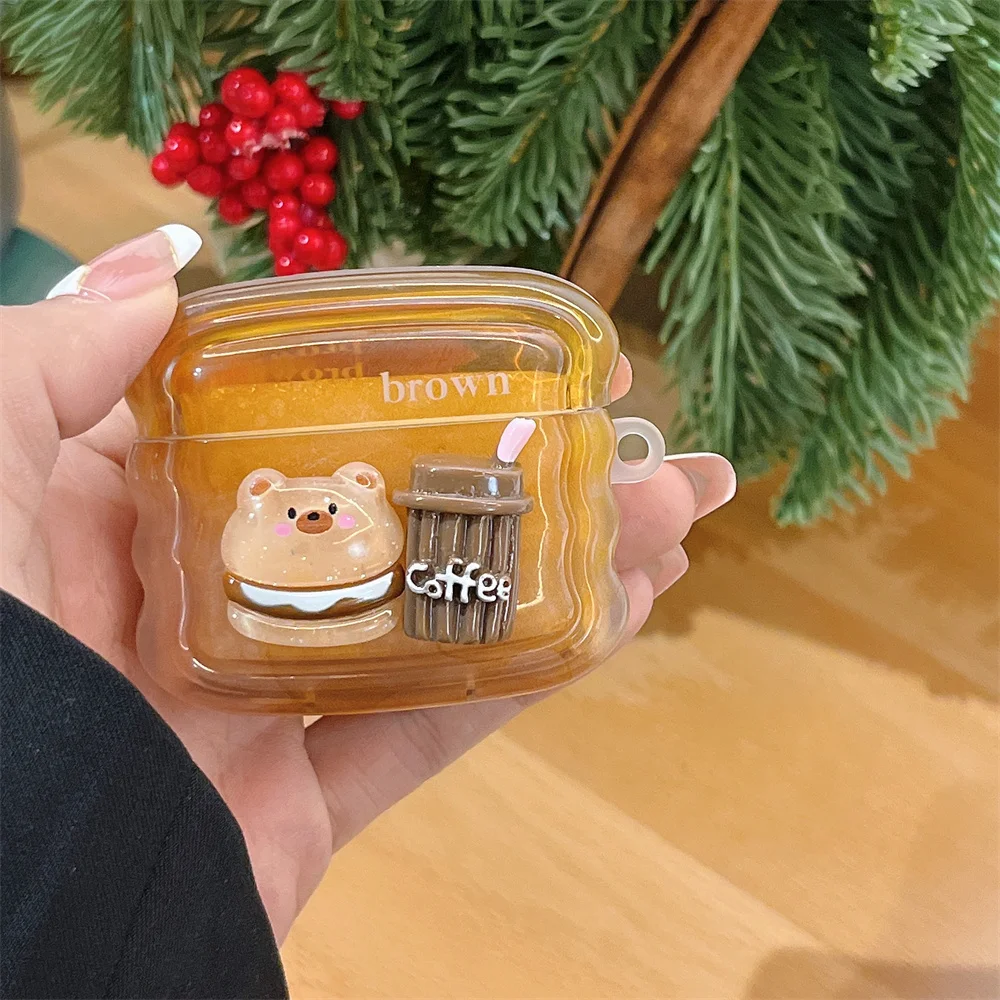 Korean Cute 3D Coffee Bear Clear Wave Case For Airpods 2 3 Pro 2 Earphone Case Charge Box Soft Wireless Bluetoon Back Cover