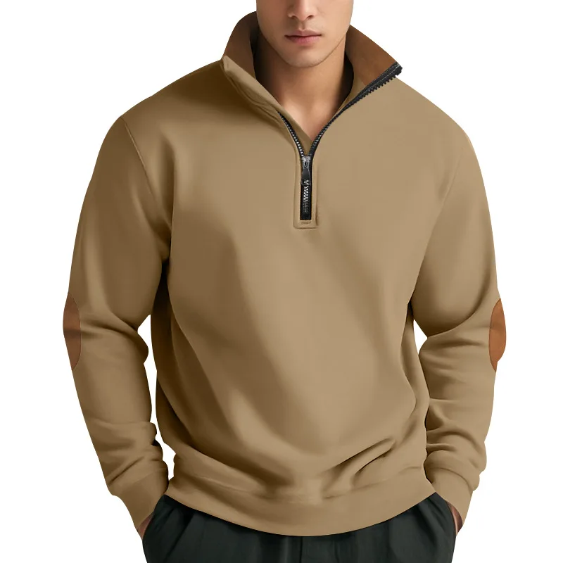 New Spring Autumn Men Half Zip Mock Neck Sweatshirt Contrast Elbow Patch Long Sleeve Casual Slim Fit Male Daily Pullover Tops