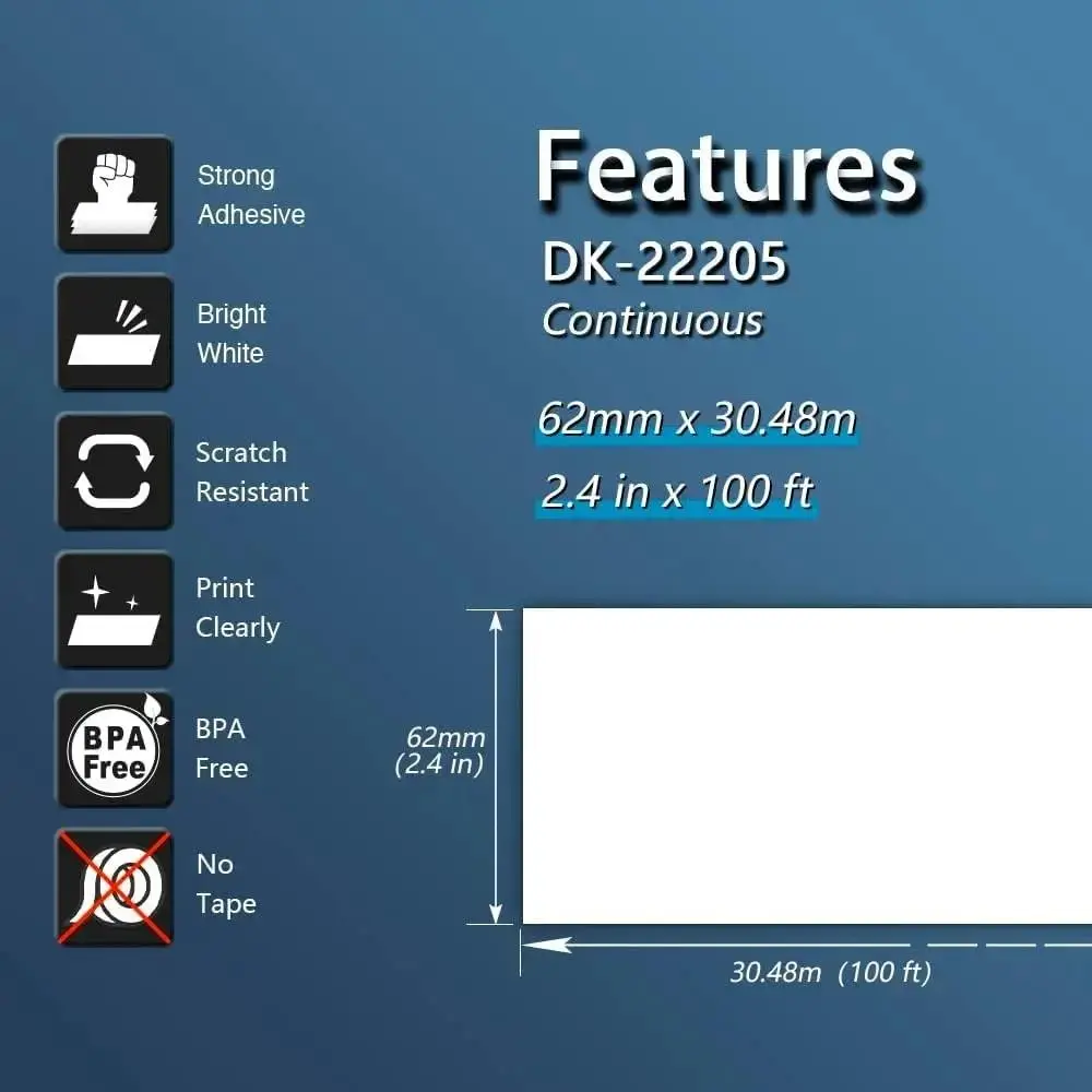 62Mm * 30.48M Kertas Termal Dicetak dengan Jelas Gulungan Label Termal Tahan Minyak Ketahanan Gosok untuk Label DK22205 Stiker Kode Batang