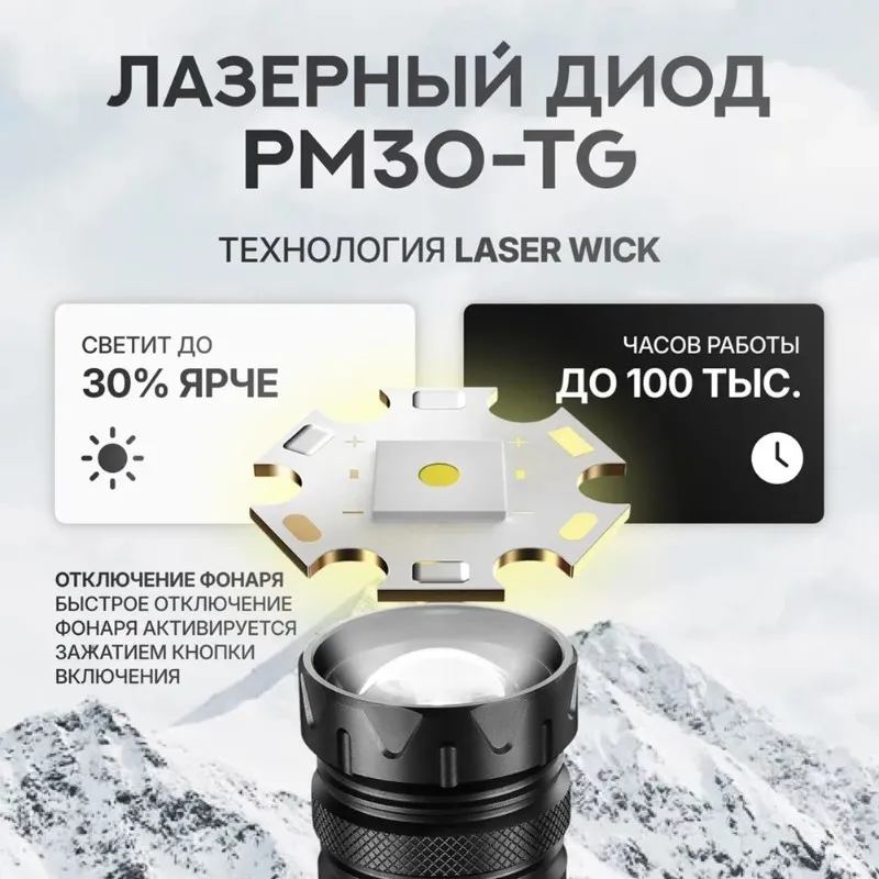 

Мощный фонарик 12000 люмен с перезаряжаемой батареей USB-C, 9 режимов, водонепроницаемость IPX6 для приключений на природе