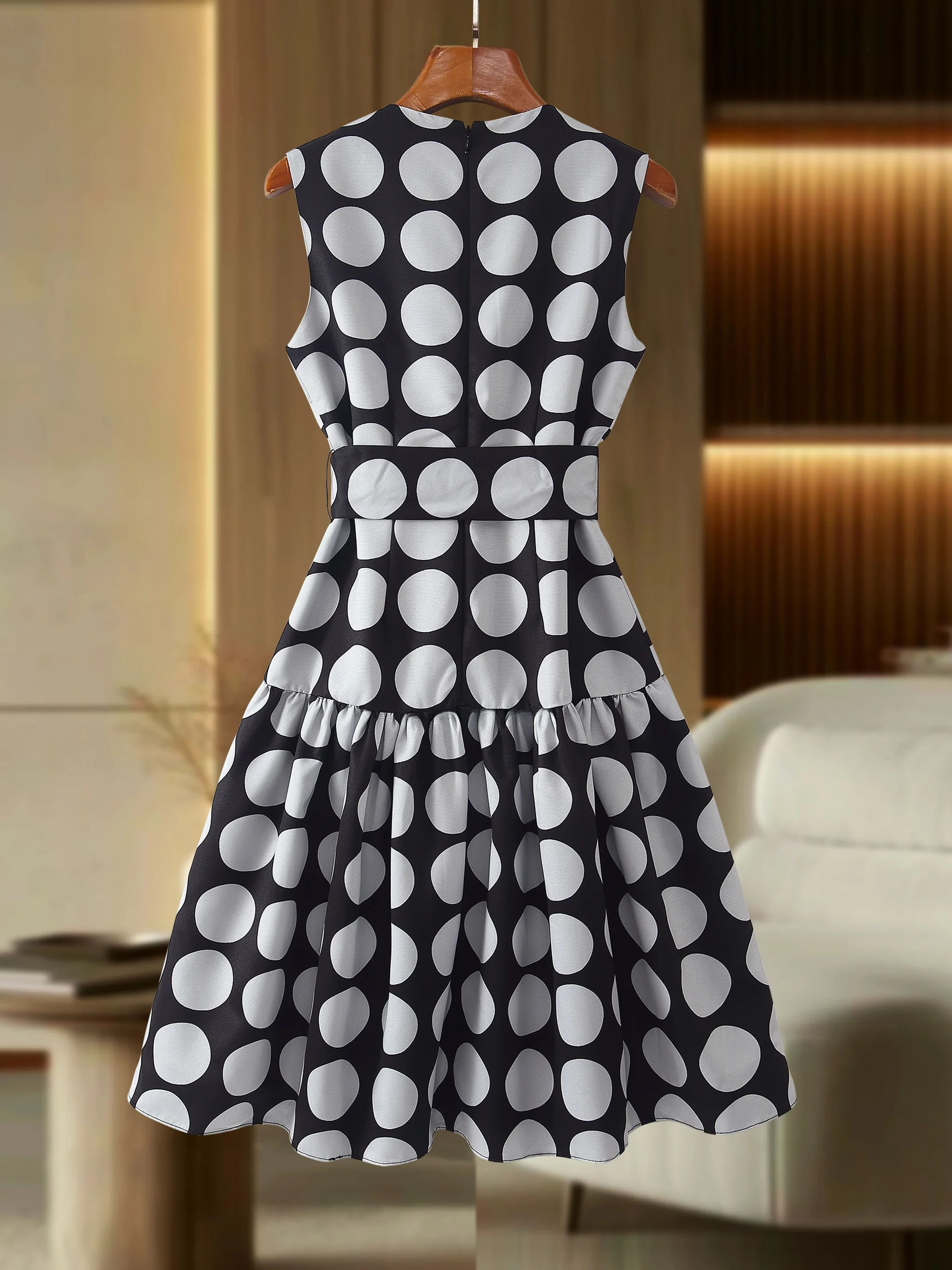 

Faionable Bla White Polka Dot Sa Tie Svel Dr High Waist Polyester Fiber Summer New Arrival Women's Dr