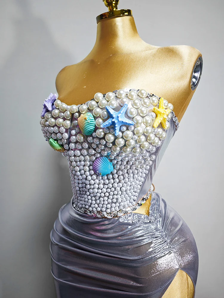 New Sexy Fashion Grey Sea-style Stage Performance Costume Women Birthday Party Short Dress Dance Show Girl Bar Drag Queen Outfit