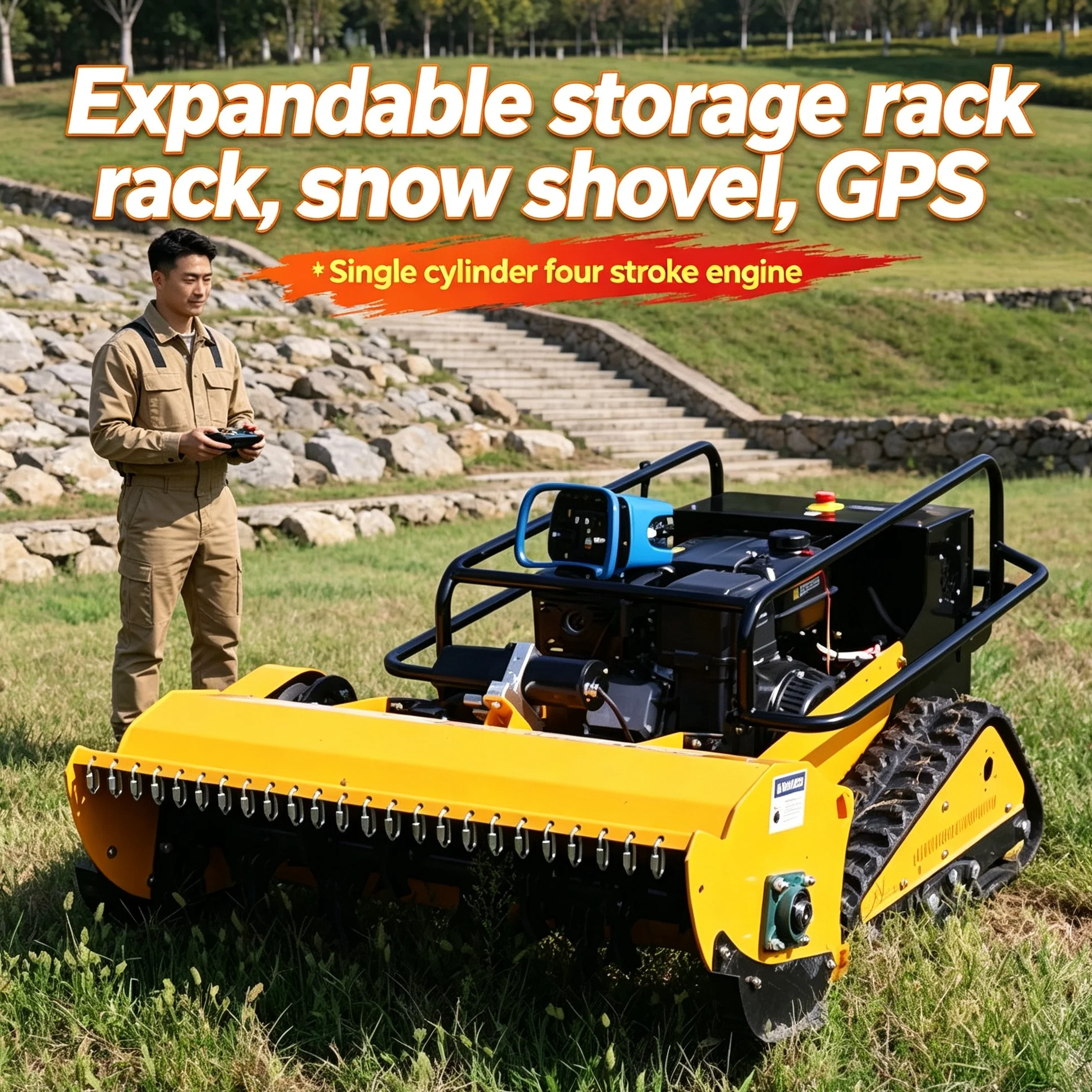 Customized All-terrain Crawler Rotary Mower adopts Wireless 4-stroke power and snow shovel for year-round lawn care and snow