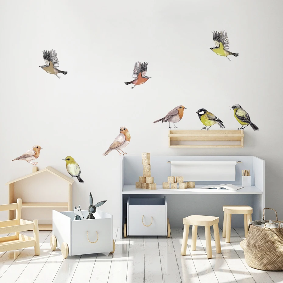 

Birds Tit Finch Sparrow Watercolor Nursery Wall Stickers Removable DIY Peel and Stick Wall Decals Kids Room Interior Home Decor