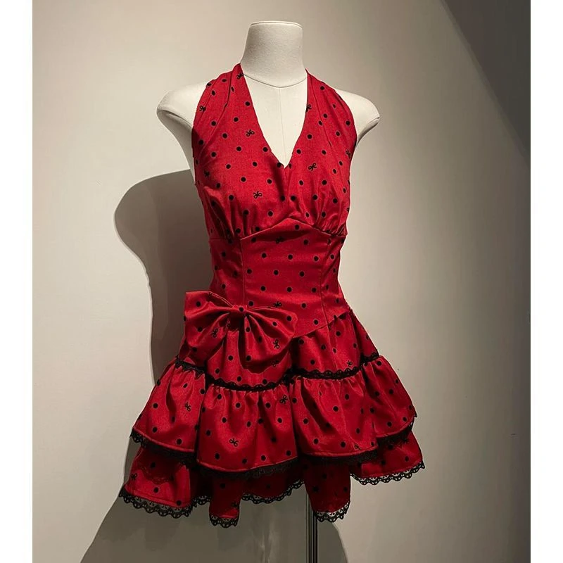 

2025 NEW Red Neck Hanging V-neck Short Skirt, Backless Polka Dot Slim Fit Dress, Holiday Birthday Party Date Short Skirt