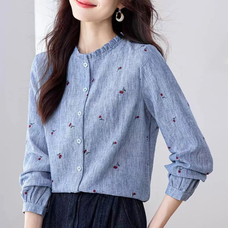 

Literary Printed Long-sleeved Cotton Linen Shirts for Women Autumn Wear Temperament Casual Shirts Versatile Western Style Tops